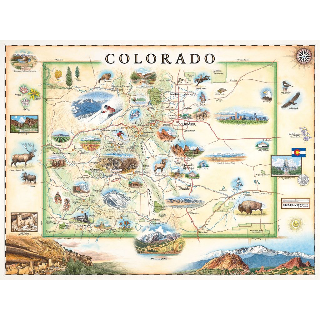 Hand painted map of Colorado showing the terrain and animals.