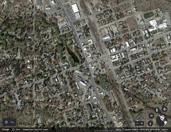 Google Earth satelite photo of the center of town in Buena Vista, Colorado. Where we are doing the Buena Vista Co-Op Mailer Postcard. 