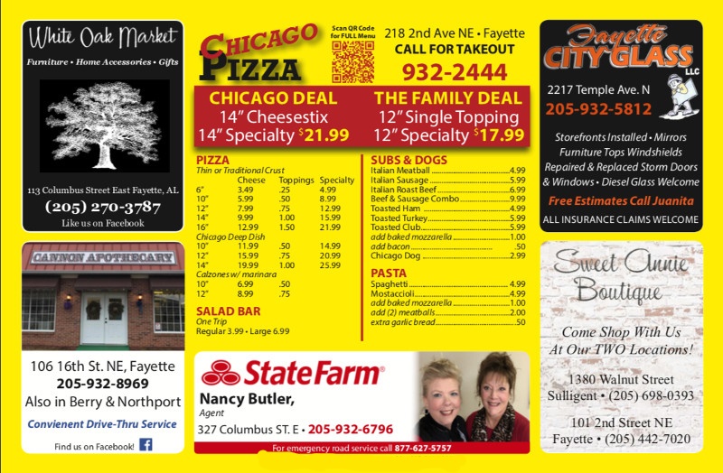 Menu Magnet sample. Chicago Pizza to go menu with 5 advertisements.