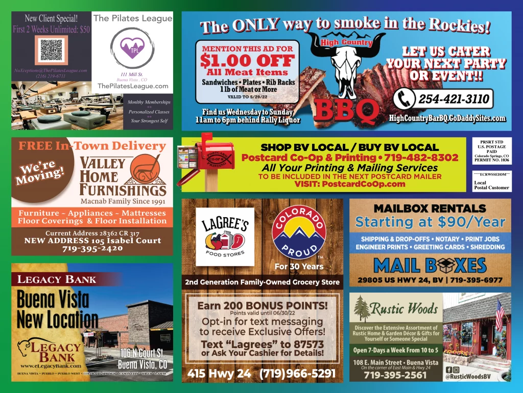 Buena Vista Co-Op Mailer from April 2022 with 7 local ads on it. This is a 9x12 inch postcard.